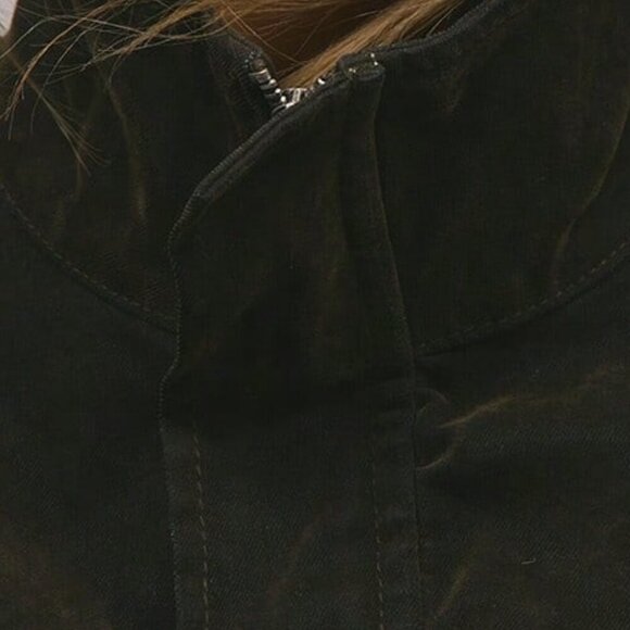 Army Green Casual Women's Velvet Denim Drawstring Cargo Jacket - Picture 8 of 9